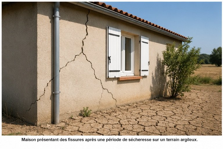 Maison présentant des fissures après une période de sécheresse sur un terrain argileux