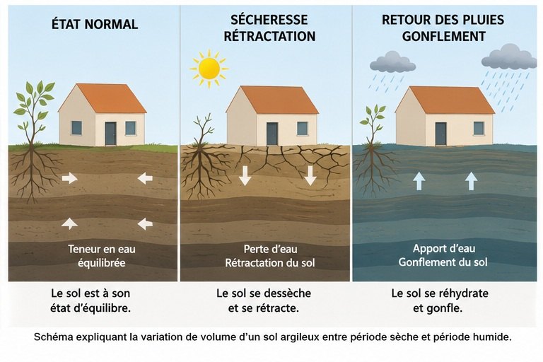 Schéma expliquant la variation de volume d’un sol argileux entre période sèche et période humide