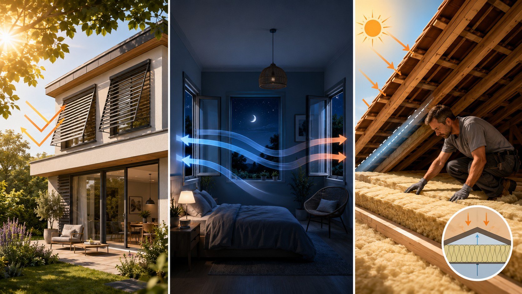 Les trois clés du confort d’été : protections solaires extérieures, ventilation nocturne traversante et isolation performante de la toiture.